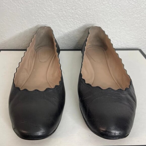 Chloe Lauren Scalloped Trim Black Leather Ballet Flats Slip On Women's Size 9 - Picture 1 of 10